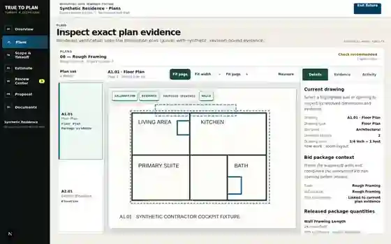 Actual True to Plan plans interface showing a synthetic demonstration floor plan, evidence panel, plan navigation, and trade package context