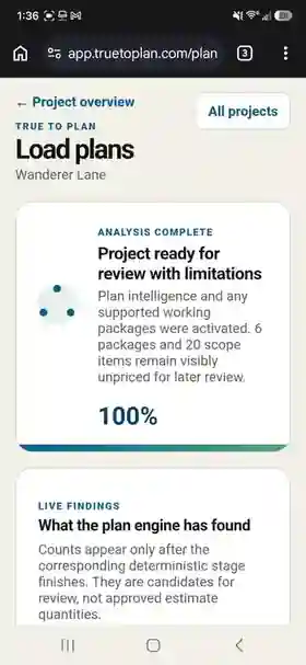 Actual True to Plan Wanderer Lane contractor interface showing plan analysis complete and live findings